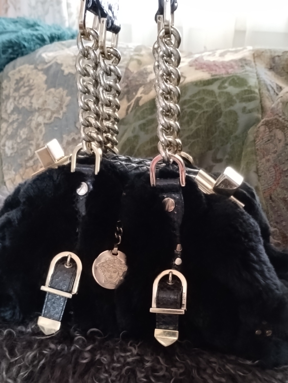 Versace Black Python And Fur Shoulder Bag with Gold Chains